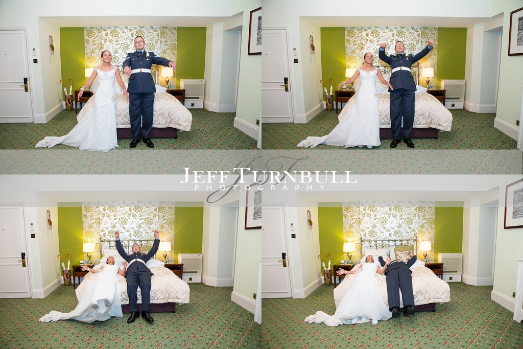 Bride and Groom Falling Onto Their Bed in the bedroom at Oakley Court Hotel