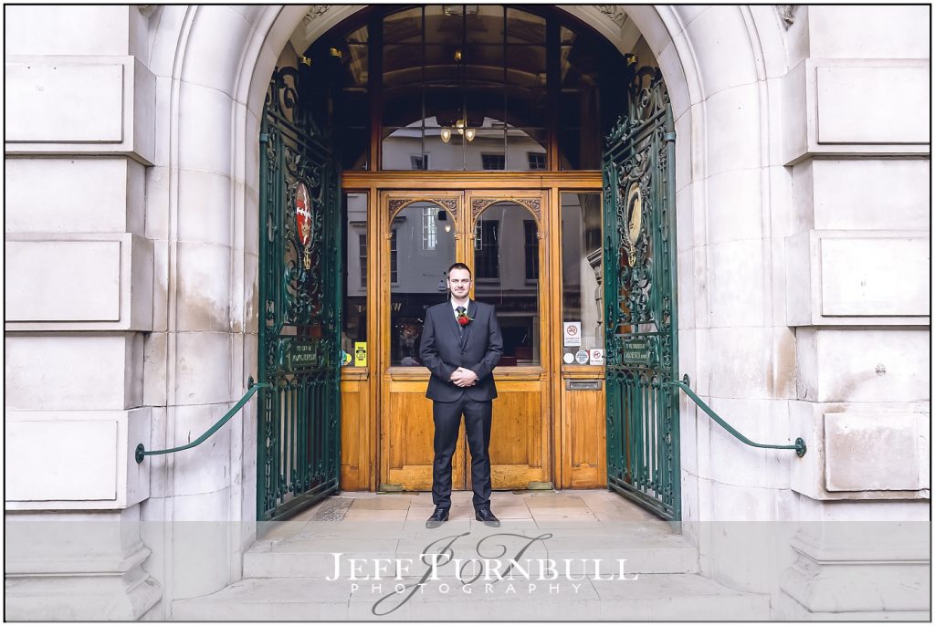 Groom outside Colchester Town Hall Wedding Venue