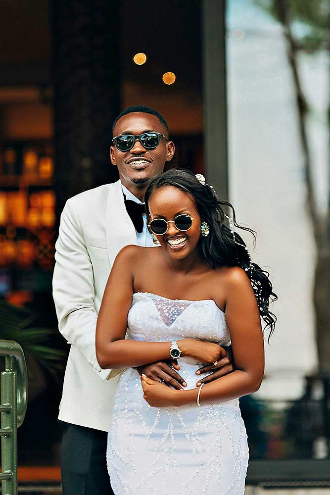 Sexy Bride and Groom Wearing Black Tie and Sunglasses
